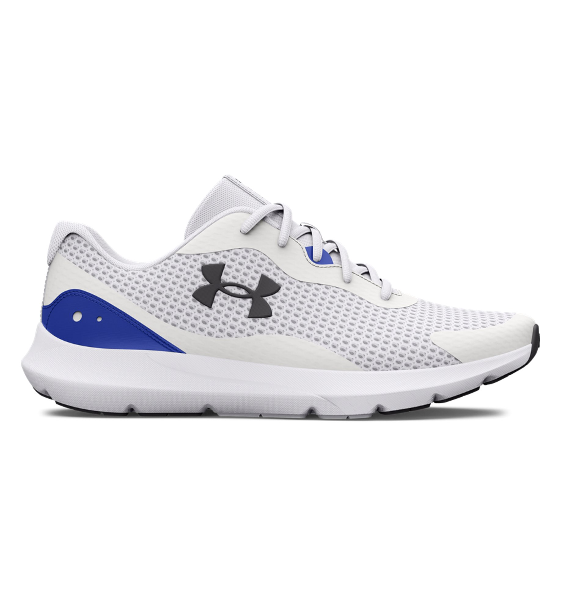 Under Armour UA Surge 3 Running Shoes in white and blue, featuring a breathable mesh upper and enhanced ankle cushioning.